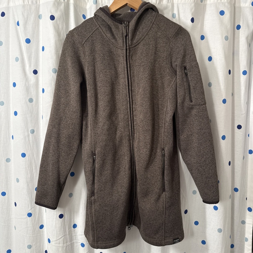 LL Bean Sweater Fleece Coat Brown Size Medium Full Zip Pockets Hood